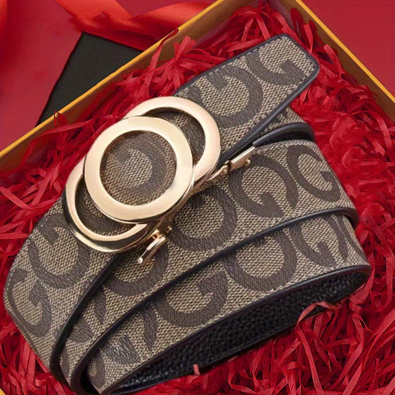 TEMU Men's Luxury Genuine Leather Embossed Belt For Women With Automatic Alloy Featuring Letter G - A Stylish Accessory For Casual Jeans, Adjustable