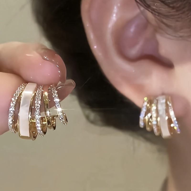 Luxury Inlay Blingbling Zirconia White Enamel C-Shape Stud Earrings