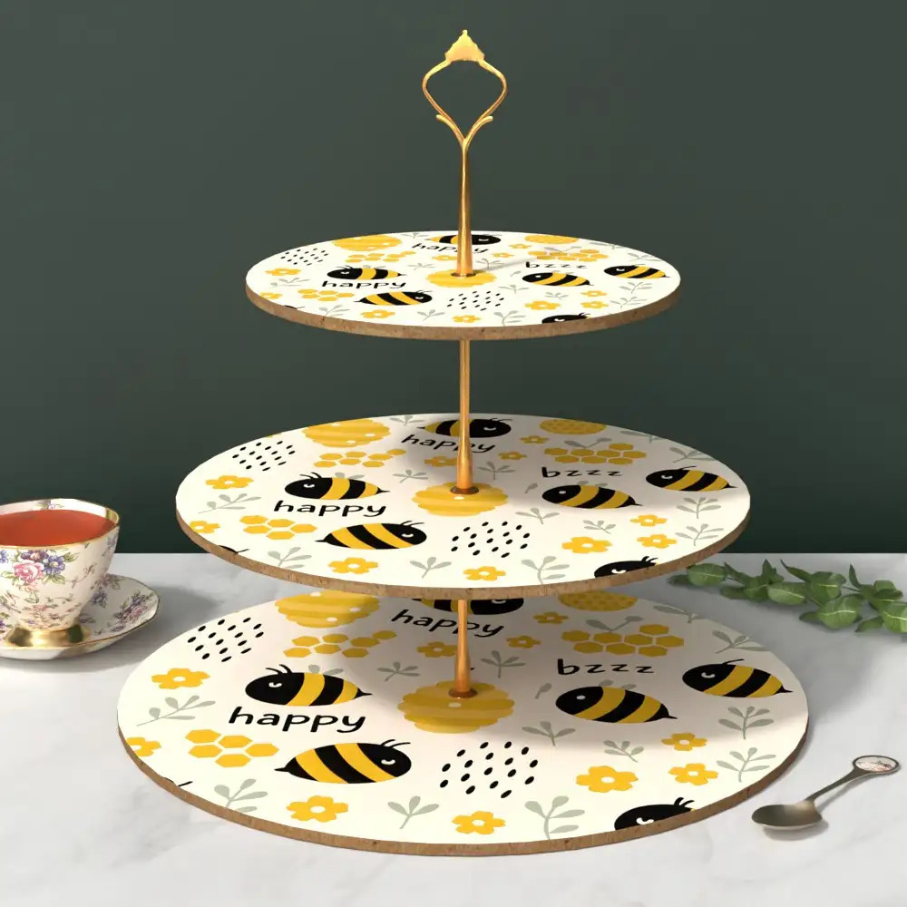 TEMU Three-tier Wooden Serving Tray With A And Honeycomb Design - 12.99x9.65 Inches. An Elegant Round Tabletop Decoration Suitable For Birthdays,