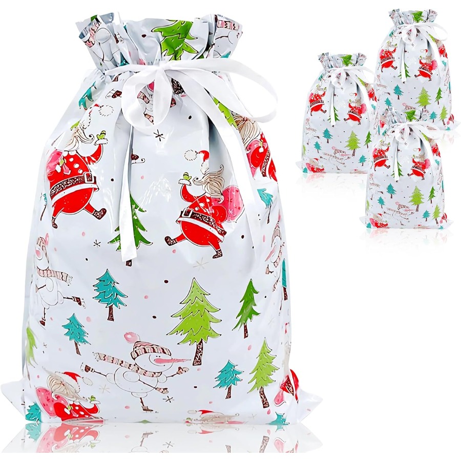 Image of 39 * 51cm Large Size Xmas Gift Wrapping Bag, 4pcs Colourful Christmas Goody Drawstring Bag With Snowman And Santa Claus For Christmas Party-white