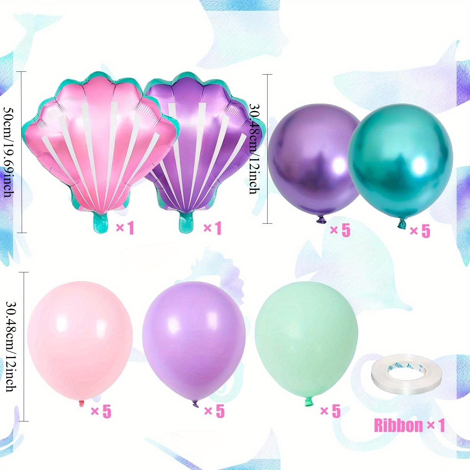 Image of 27pcs Conch Balloons For Shower Party Decorations, Mermaid Birthday Decorations, Purple Green Mermaid Balloons