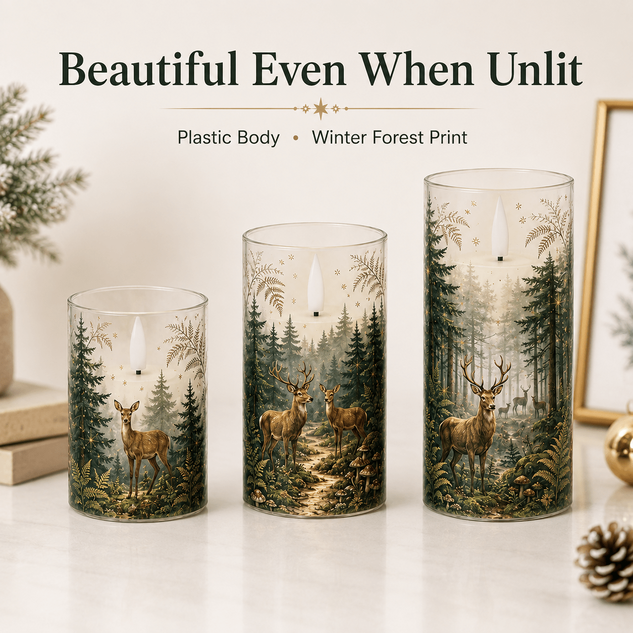 TEMU Candles With Flameless Christmas Winter Set, 3 Pack Acrylic Pillar Candles With Snowflake Evergreen Woodland Print, Warm Flickering Glow For