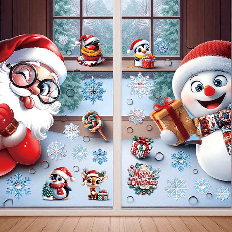 Image of Window Decals Featuring A Christmas Snowman And Santa Claus, Along With Snowflake Designs, Ideal For Decorating For Home Windows During The , Shop Displays, And As Festive Gifts Or Event Decorations