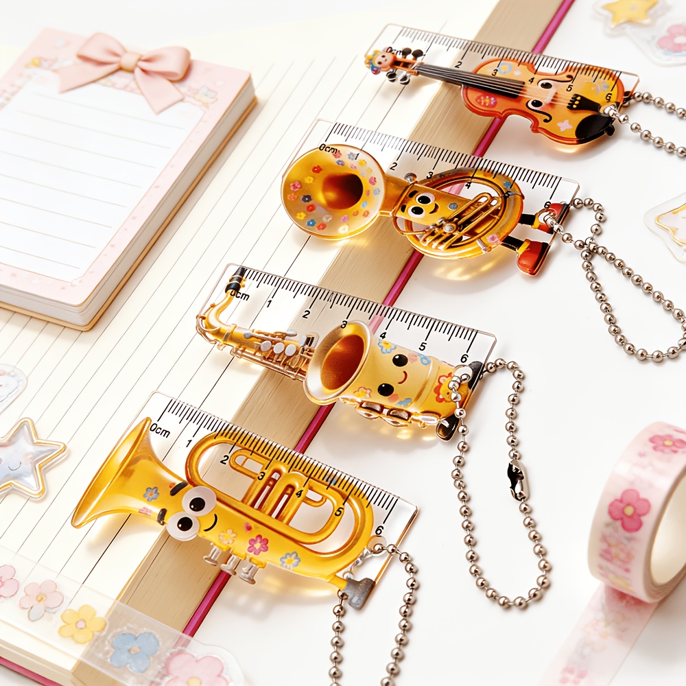 TEMU Juego de 4 reglas 2D con forma de instrumento musical con cadenas de cuentas, reglas de bolsillo transparentes y portátiles, papelería pequeña y