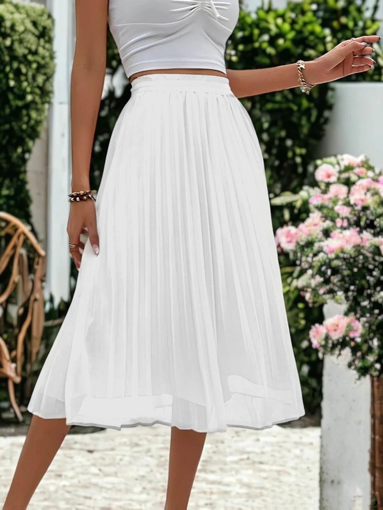 chic elegant pure elastic waist pleated midi dress idea to   all match woman clothes white 3