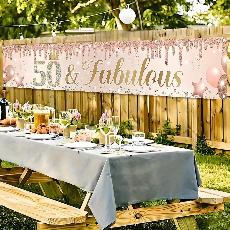 1pc Pink Rose Golden Decoration For A 50th Anniversary, Celebrating A Happy 50th Birthday - A Patterned Polyester…: retailer-supplied image