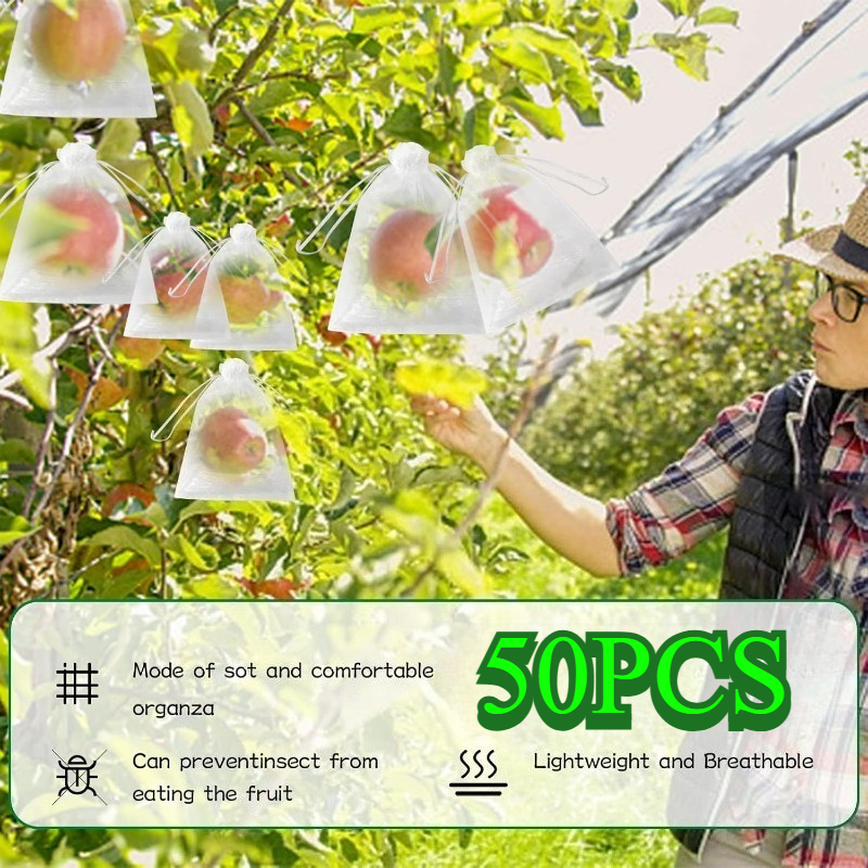 TEMU 50 piezas de bolsas de red de protección para frutas con cordón , opciones de tamaño pequeño/grande, bolsas cubiertas transpirables y permeables