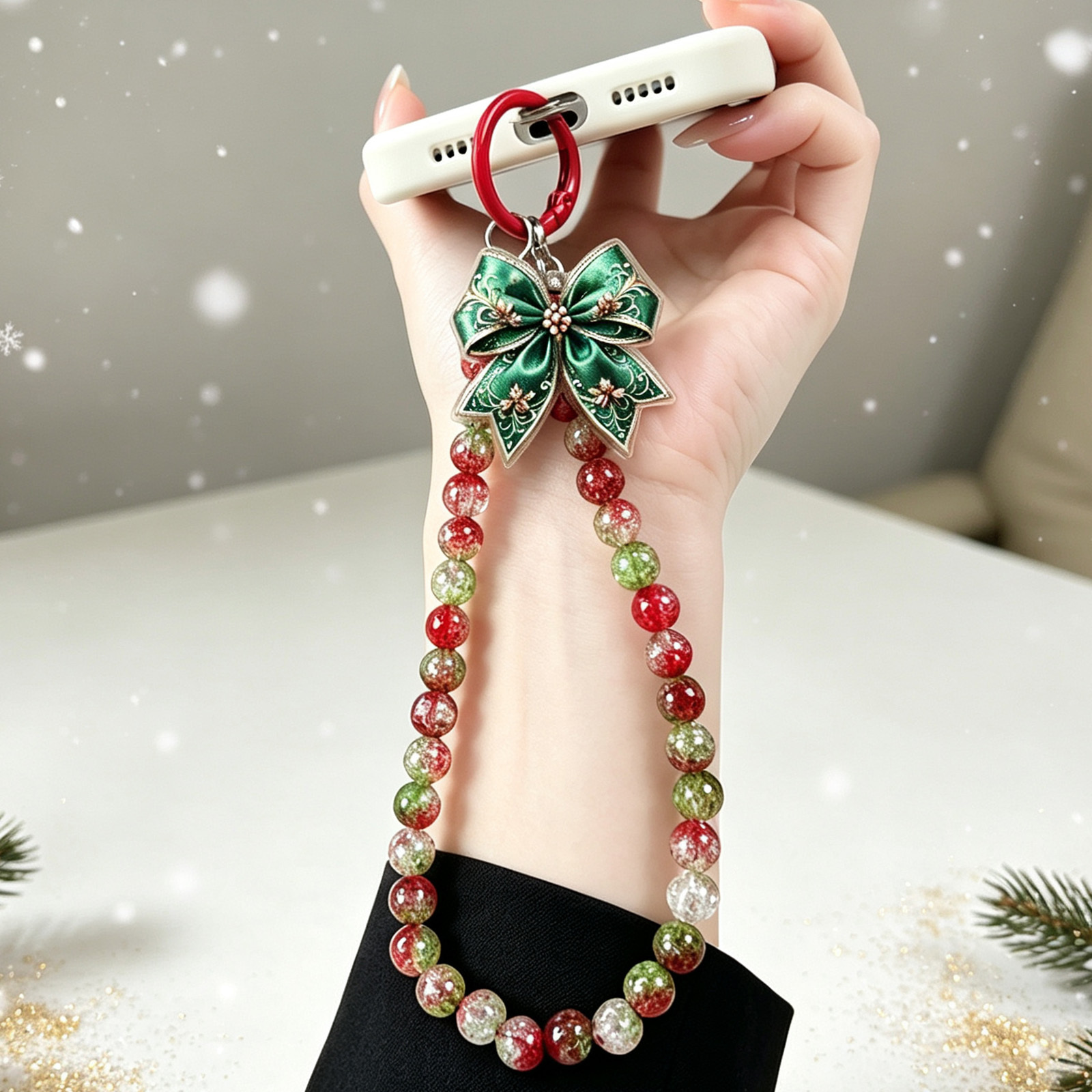 TEMU Christmas Red And Green Beaded Phone Lanyard, With An Exquisite Green Satin Bow And Acrylic Tag. The Beads Are Smooth And Transparent, With A