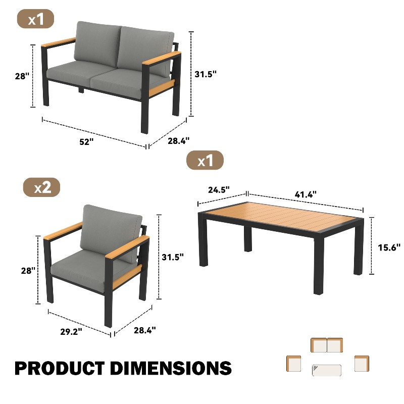 Modern 4/5/7pcs Metal Patio Furniture Set, Outdoor Conversation & Pub Table Set with Coffee Table for Porch, Balcony and Sunroom, Gray