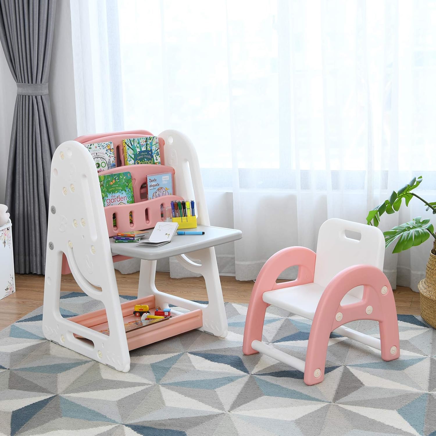 Image of 2-in-1 Kids Table And Chair Sets, Double-sided Magnetic Whiteboard And Book Rack With Chair And Foldable Desktop, Orange