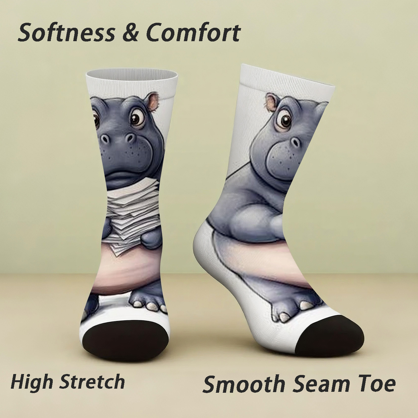 TEMU A Pair Of Popular Harajuku Novelty Socks Featuring A Fun And Stylish Hippo Holding A Stack Of Paper, Suitable For Men And Women. Mid-calf Socks