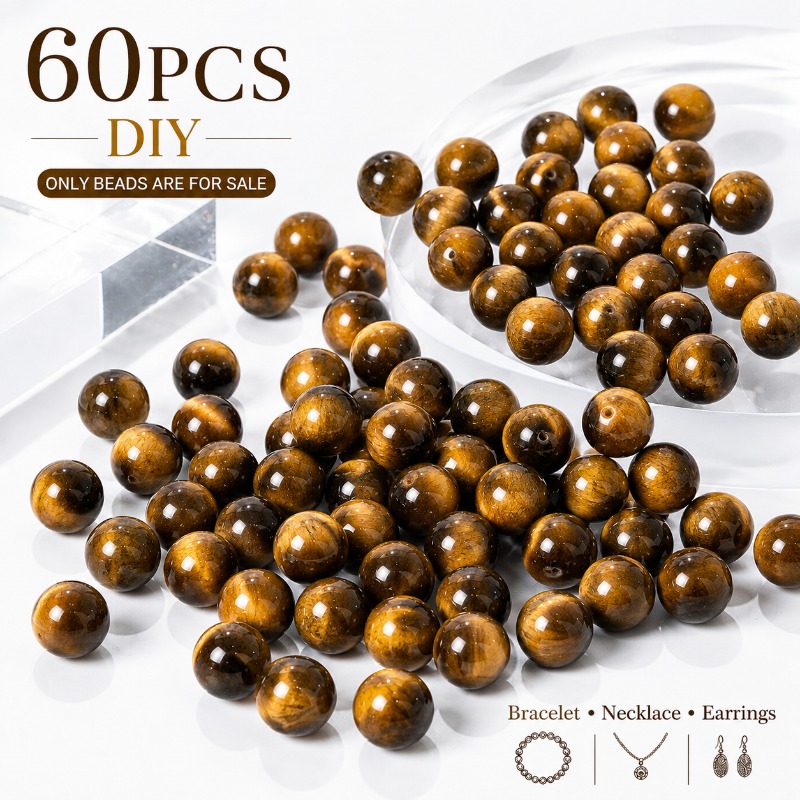 TEMU 60pcs, Perles libres 8Mm Jaune Noir Œil de Tigre, Matériaux de bijoux, Accrochage de perles de bijoux, Fait main, Fournitures décoratives,