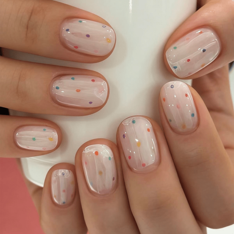 TEMU 46pcs Handmade Short Oval False Nail Tips Suitable For /, Glossy Sheer Pale Base With Hand-scattered Mini Polka Dots, Removable Abs Press-on