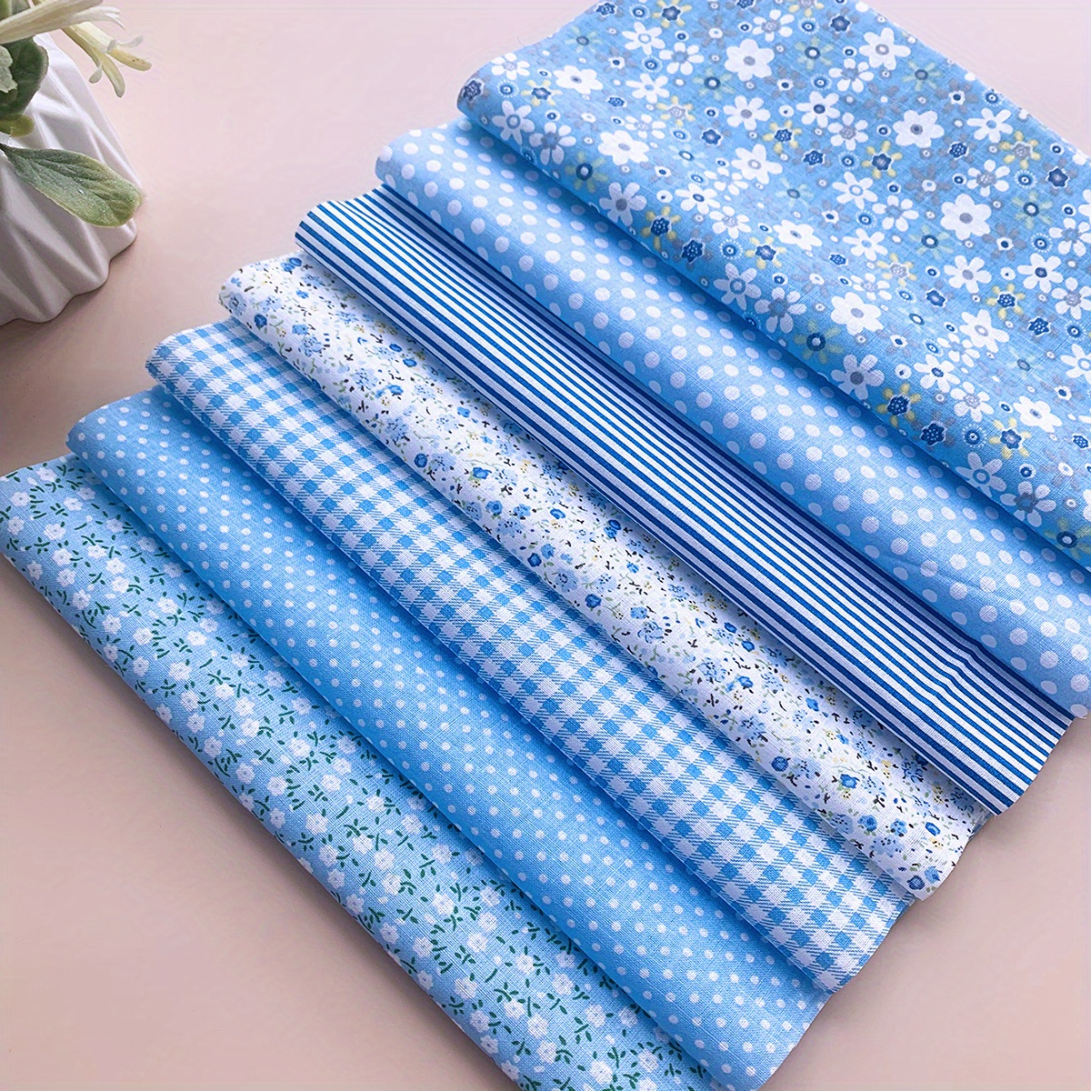 TEMU Set Of 7 Blue Bags With Floral Designs - Pre-cut Materials For Quilting And Sewing, Ideal For , Needlework, Handmade Doll Outfits, Bedding, Home
