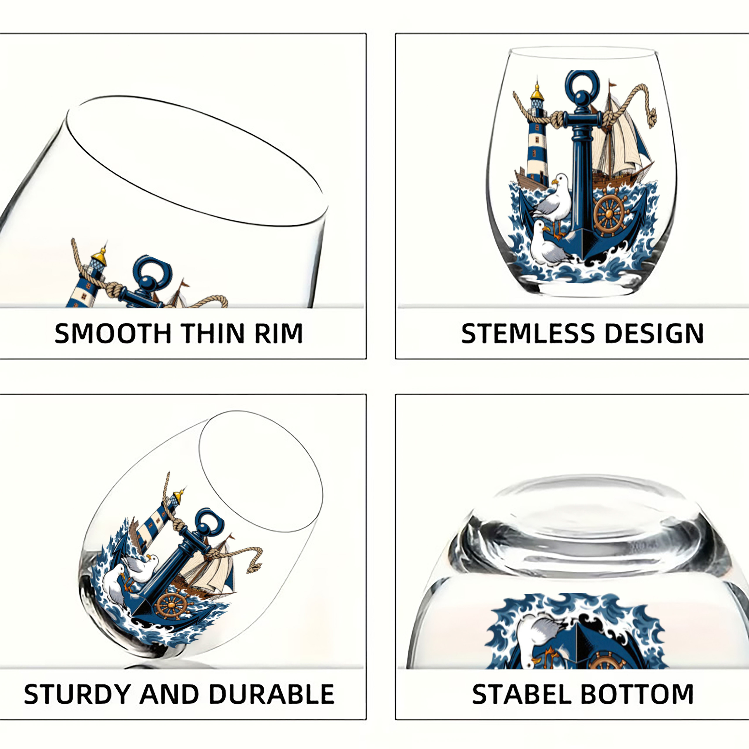TEMU 1pc Sailboat Anchor Pattern, 350ml Egg-shaped Glass, Drinking Cup, Stemless Wine Glass, And Whiskey Glass, Scratch-resistant, Reusable Machine