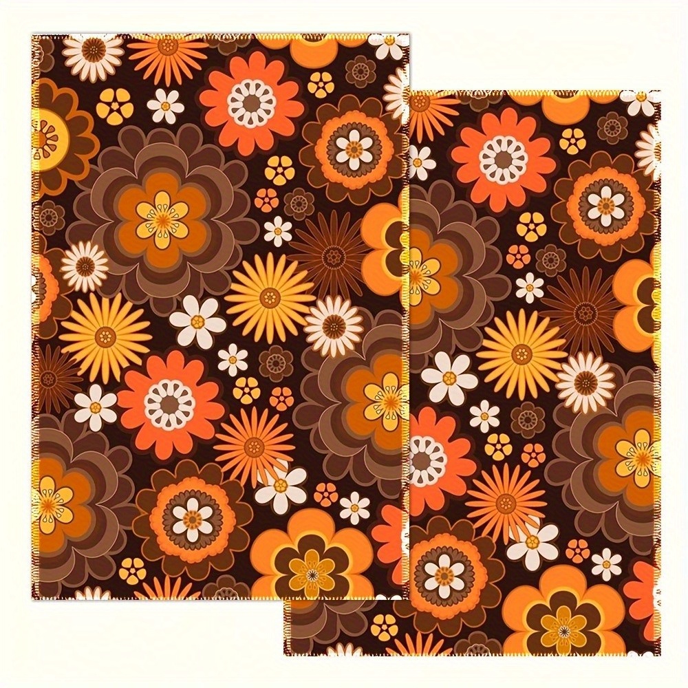 TEMU Set Of 2 Orange Floral Kitchen Towels For Home Use, Perfect For Cleaning Tables And Decorating, Ideal For Cooking, Baking, Or As A Housewarming
