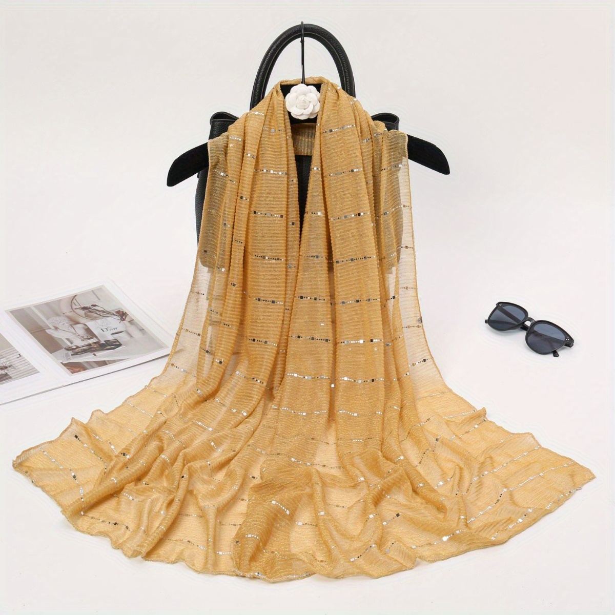 TEMU 1 sciarpa da donna a catena con paillettes ad elasticit� per e , sciarpa lunga Wick, sciarpa , sciarpa a scivolo