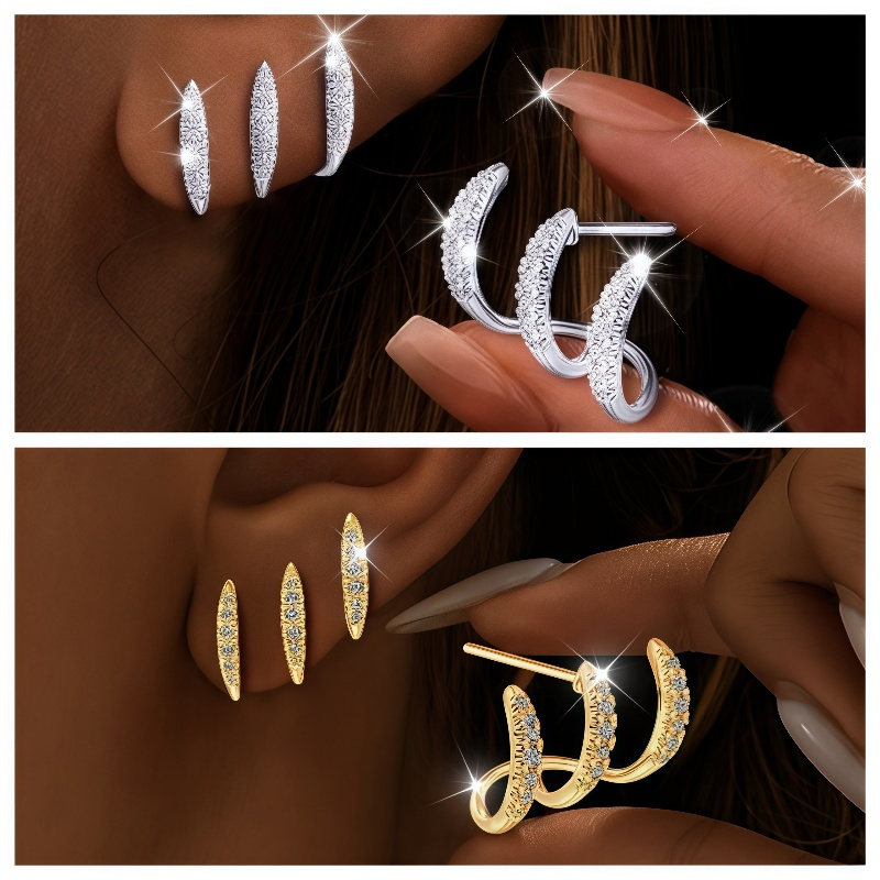 TEMU Gift : S925 Sterling Silvery 3-claw Curved Earrings For Women - Sparkling Luxury, Hypoallergenic, Unique & Versatile, Ideal Gift For Girlfriend,