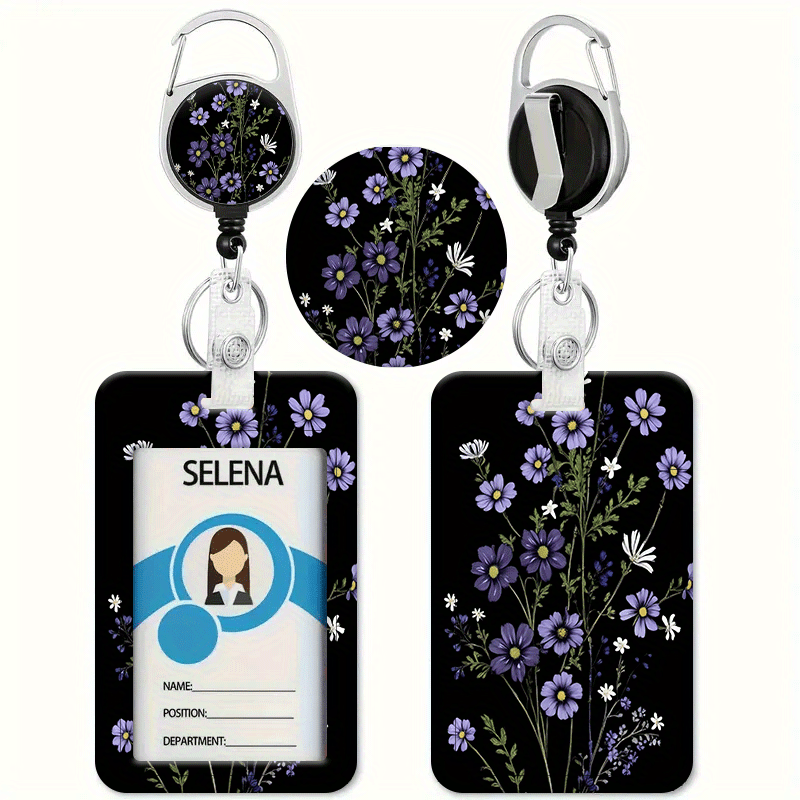 TEMU Purple Floral Print Featuring Patterns, Retractable Badge Holder With Id And Credit Card Slots, Suitable For Nurses, Doctors, Teachers, And