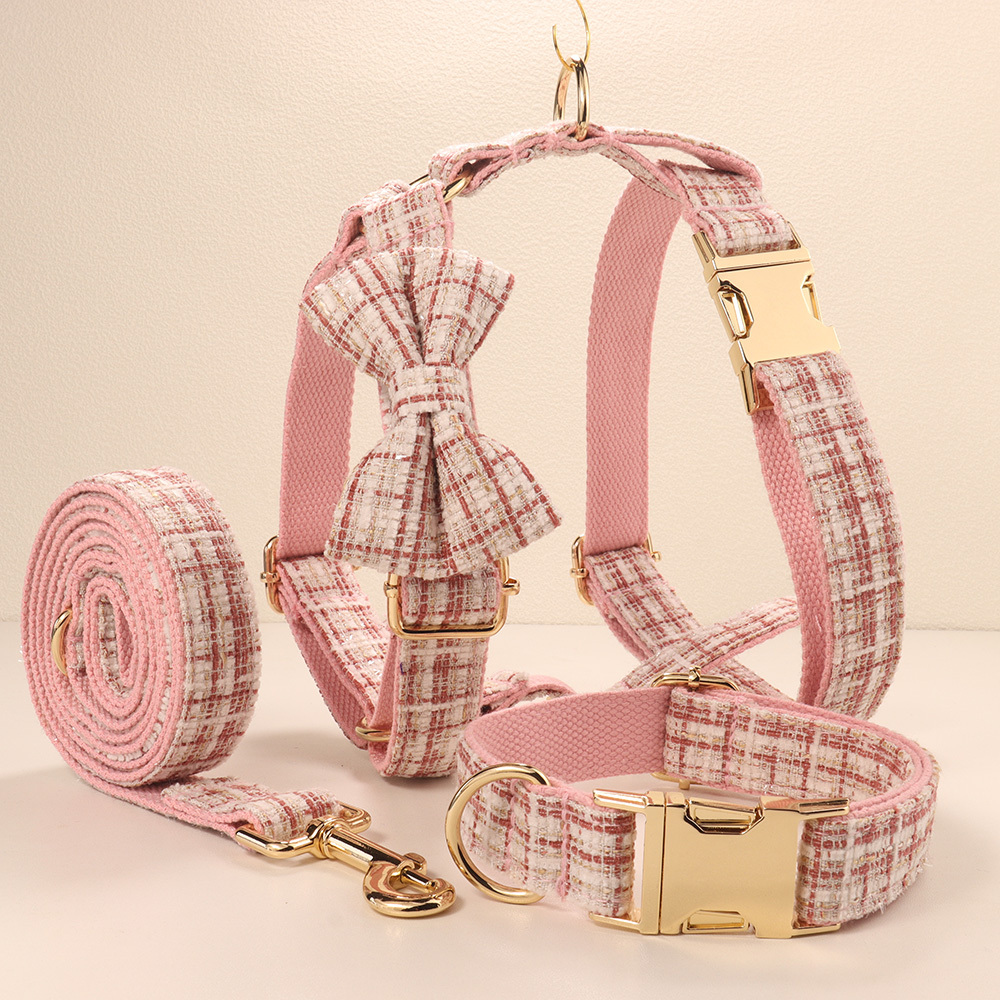 TEMU Tweed Style Dog Harness Set, Personalized Engraved Name Id, Adjustable Alloy , Elegant Pattern Pet Combo, Optional Matching Collar Bow Leash For