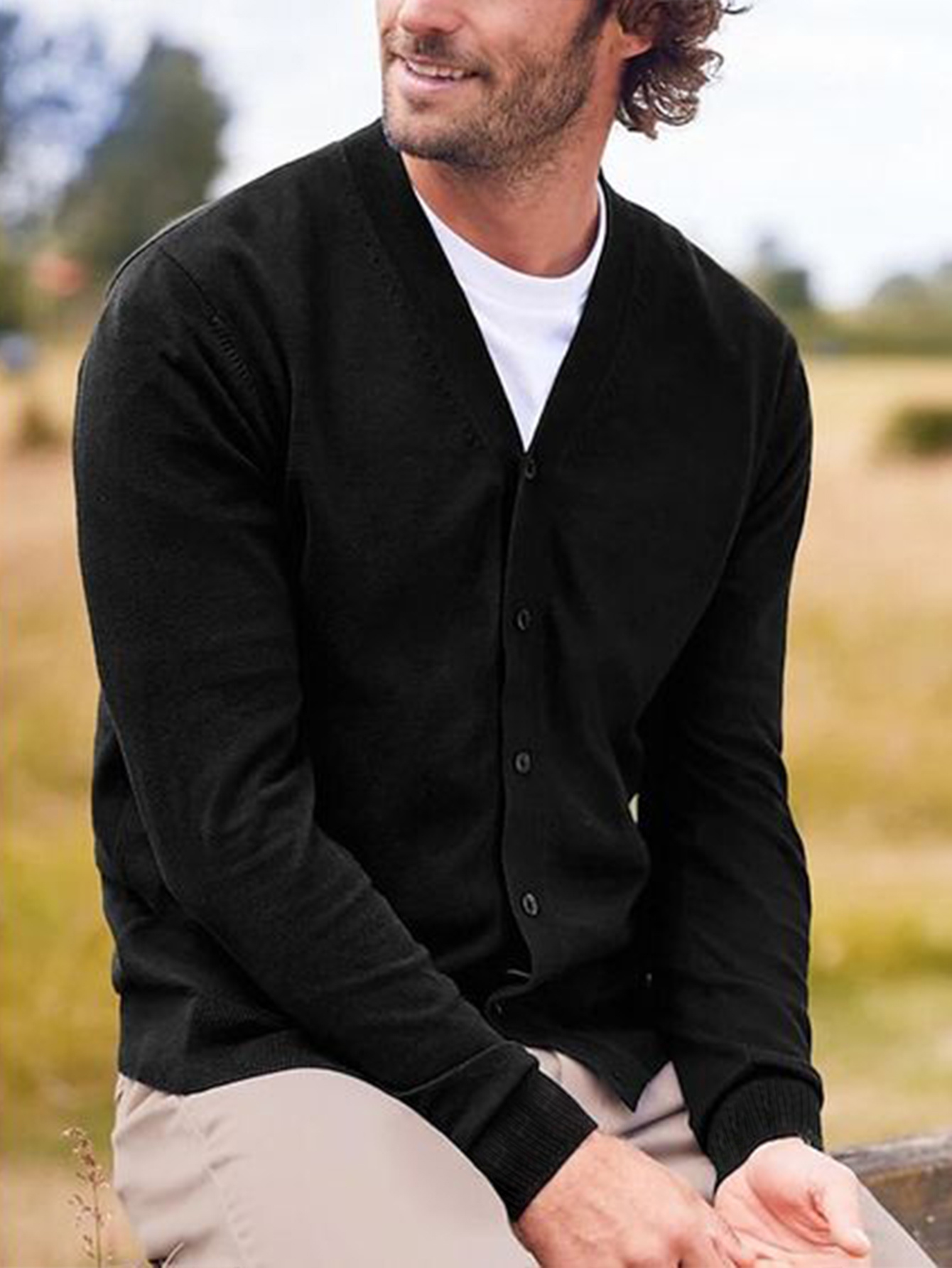 mens classic v neck casual knit cardigan jacket solid black Temu