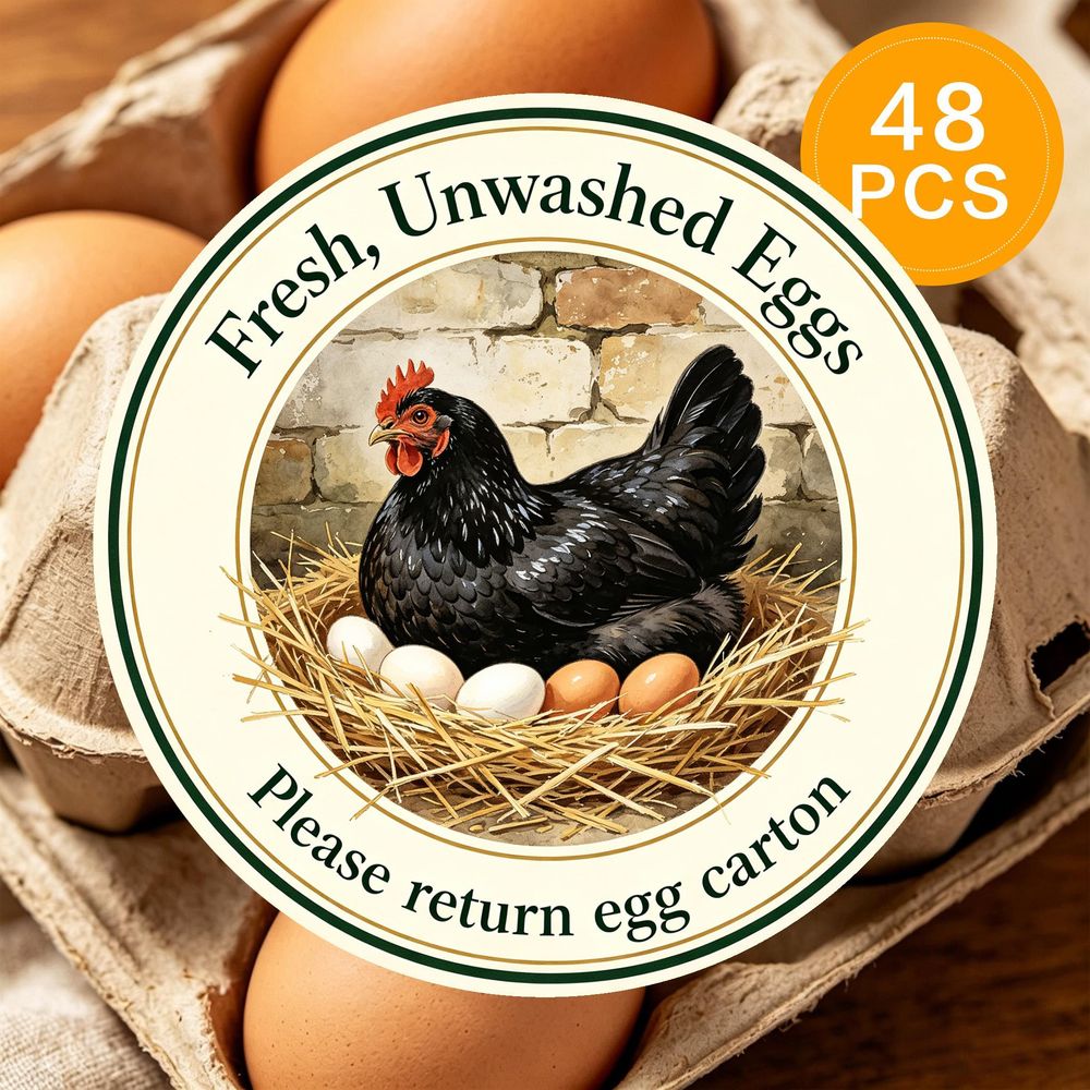 TEMU 48pcs Round Fresh Eggs Stickers, Watercolor Black Hen Nest With Mixed Color Eggs Design, Self-adhesive Tags For Egg Carton Labels, Packaging,