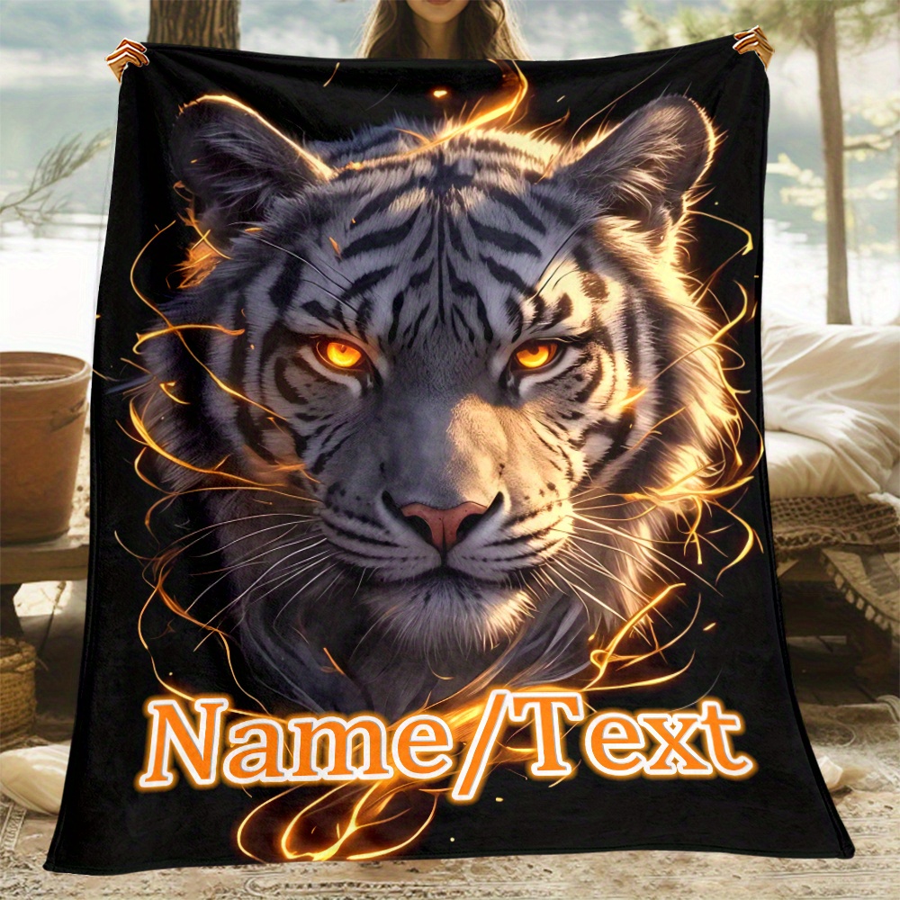 

Personalized Tiger Print Flannel Blanket - Soft, Warm & Lightweight For Camping, , Hiking, Travel, Sofa, Bedroom, Office Chair - Custom Name Or Text Option