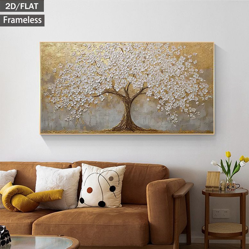 TEMU 2d Flat, 1pc Modern Minimalist Frameless Canvas Poster - Textured White Tree Wall Art Suitable For Shui Decor, Horizontal Ink For,, Bathroom,