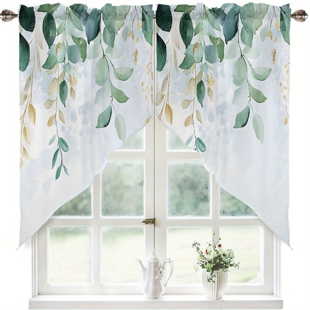 TEMU 2pcs Polyester Watercolor - Painted Green And Golden Hanging Leaf Pattern Spring Triangle Small Curtains, Suitable For Kitchen And Bedroom Drift