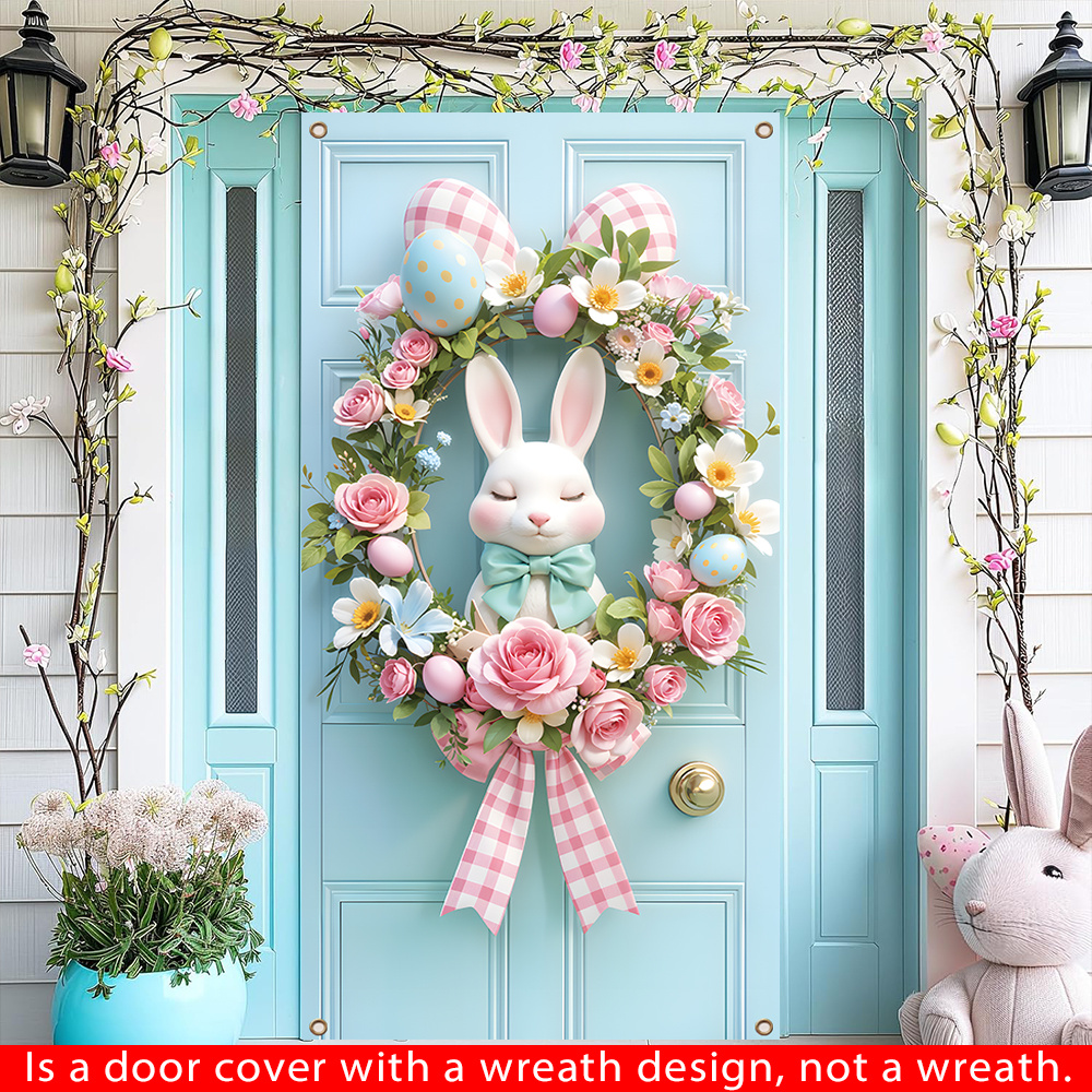 

1pc Easter Bunny Wreath Door Cover - Polyester Spring Farmhouse Decor, Vibrant 2d Bunny & , , No Electricity Needed, Multipurpose For Entryway, Room, Carnival Theme, Holiday Hanging Decoration