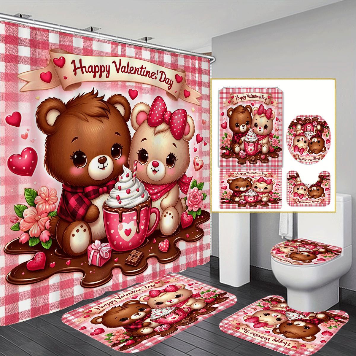 TEMU Valentine's Day 1/ 4pcs Shower Curtain Set With 12 Hooks, High Quality Shower Curtain, Non-slip Bath Mat, Toilet Seat Cover And U-shaped Rug, Machine Washable Bathroom Cartoon Decoration Set