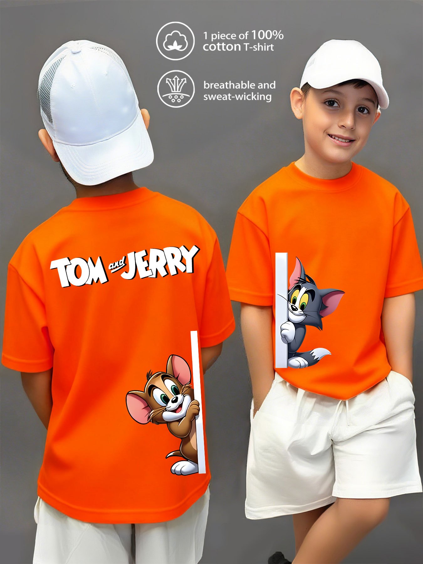 100% Pure Knitted Short-Sleeve T-Shirt, Breathable And Sweat-Absorbing, a Casual And Versatile Round-Neck Short-Sleeve Top for Boys, Featuring a Cute TOM And JERRY Cartoon Print, Machine Washable - Available in 10 Options, Sweat-Resistant