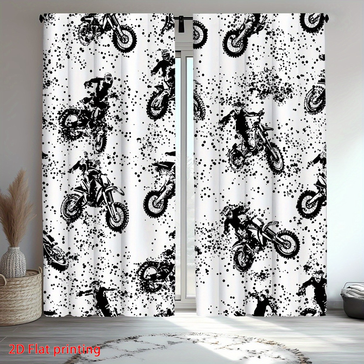 TEMU 2pcs Motocross Blackout Curtains - Dirt Bike Theme, Semi-transparent Polyester Drapes For Bedroom & Living Room, Machine Washable, 30%-50% Light