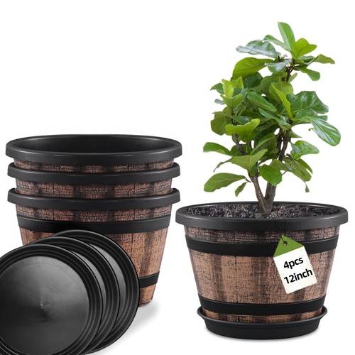 4pcs large 12 inch whiskey shaped plastic flower pots with drainage holes trays suitable for indoor outdoor gardens rustic brown suitable for home plants wine planter for balcony standing gardening gift home decor