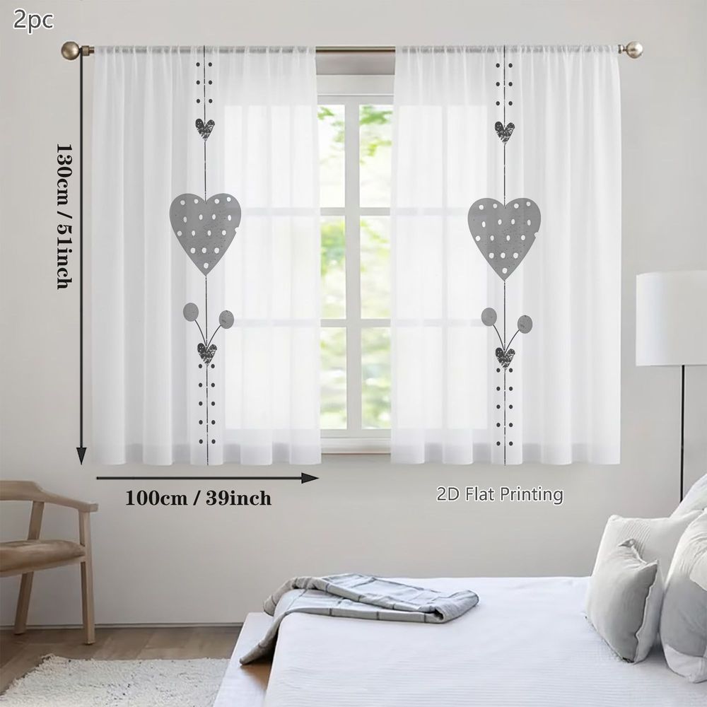 2d Flat - 2d Flat - Light Gray Sheer Curtains With Small White Polka Dots And Textured Black Hearts, Ideal For Spaces Rooms, Bedrooms, Dining Areas, Kitchens, And Cafes. In A 2pcs Set With A Rod