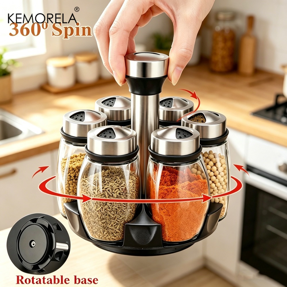 TEMU Upgraded Spice Jar Set, Glass Storage Rack, Rotating Glass Seasoning Jar Holder, Sugar, Pepper, And Salt Shaker Rack, Kitchen Storage Rack.