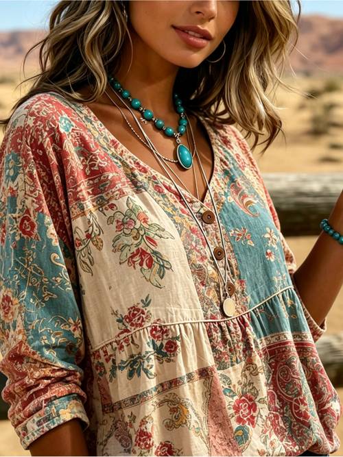 fall new arrival women retro boho paisley floral print shirts splicing half button v neck three quarter sleeve loose peplum daily casual tops