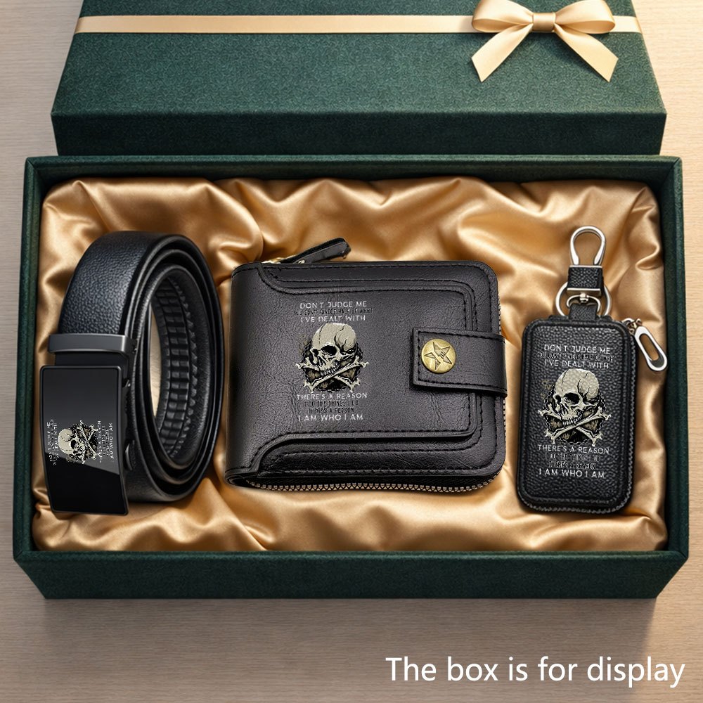 TEMU Ensemble de portefeuille pour homme 3 pièces "Force Intérieure" avec de crâne imprimée, ensemble d'accessoires quotidiens, portefeuille rétro ,