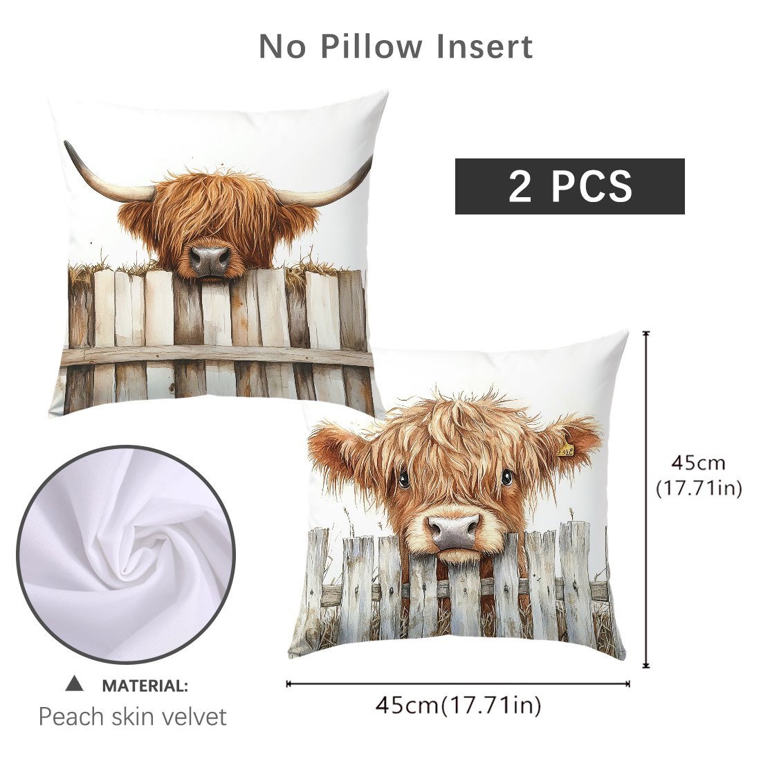 Image of 2pcs, Single-sided Printed Pillow Covers, Highland Cow Illustration Pillow Covers, 17.7*17.7 Inches, Home Decor Pillow Covers Suitable For Living Room Sofa And Bedroom, Pillow Inserts Not Included