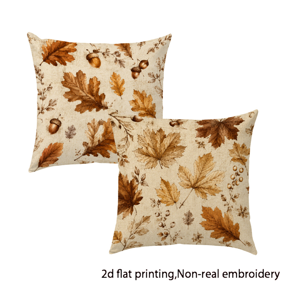 TEMU 2pcs Beige Vintage Maple Leaf & Pine Cone Cushion Covers - Soft Suitable For Sofa Bedding, Rustic Farmhouse Decor With Zipper Closure, Machine