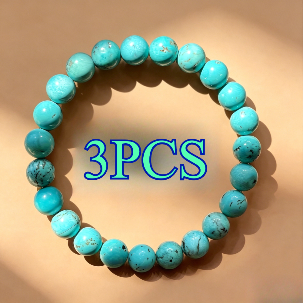 TEMU 3pcs Natural Turquoise Bracelet Set, Bohemian Style, Happiness And Good Luck , Unisex Elastic Wrist Accessory, Versatile Gift For , Perfect For