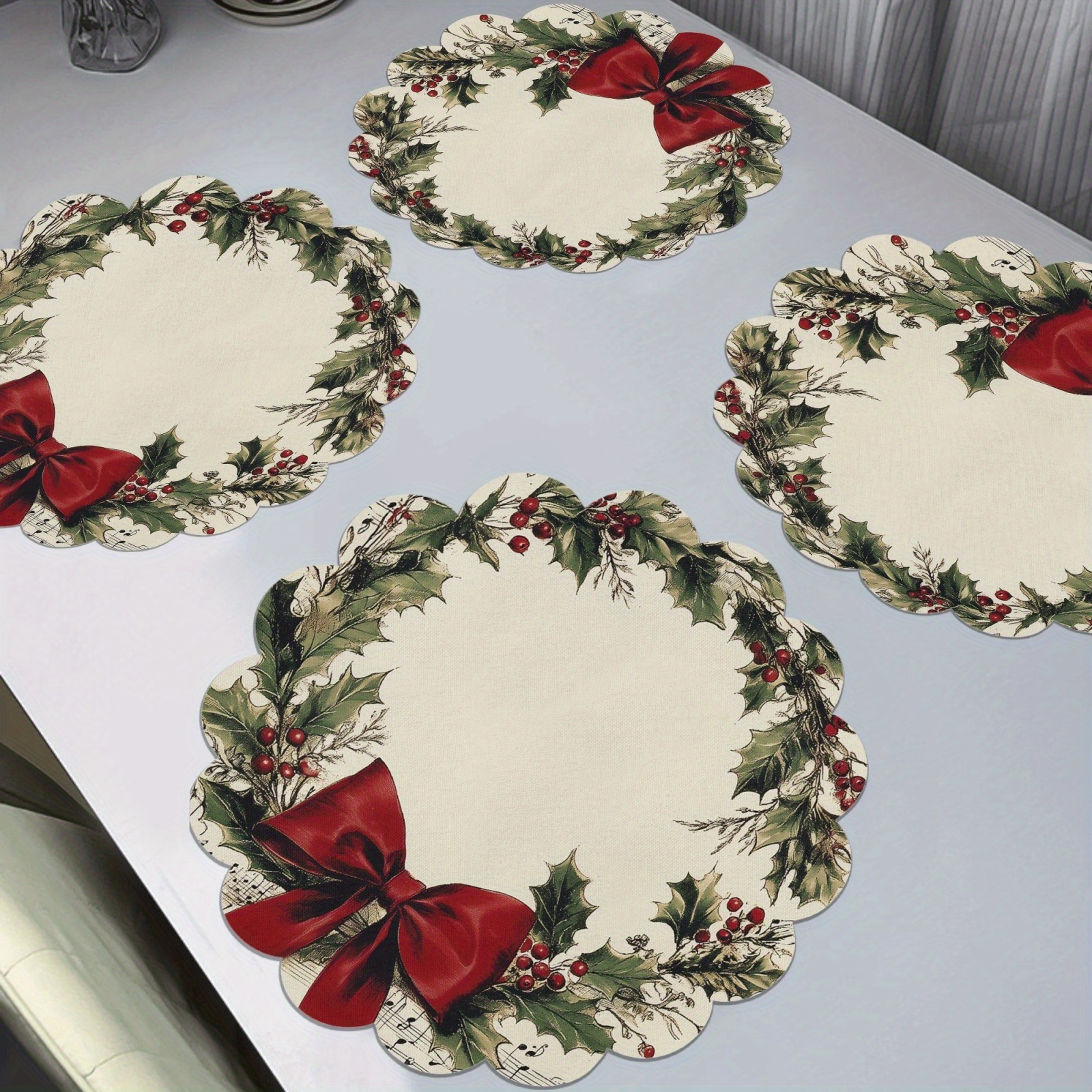 4pcs vintage wreath design round placemats with musical notes and red bow non slip machine washable polyester table mats for christmas   banquet and party dining decor Product details 1