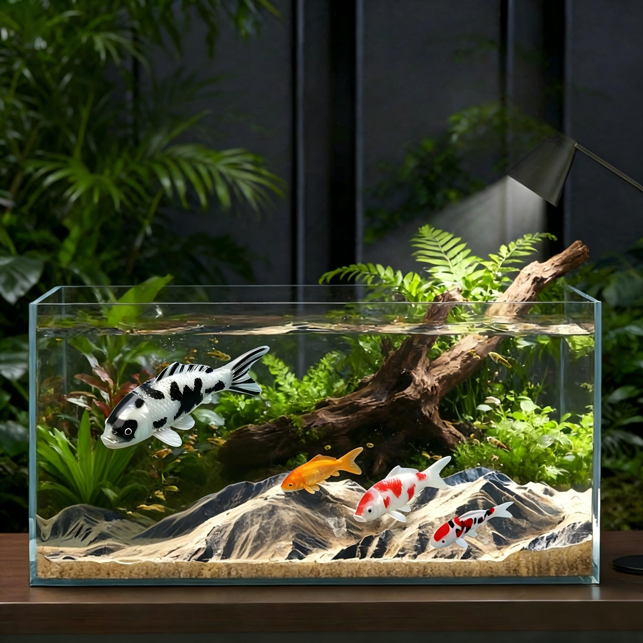 TEMU 4-teiliges Set bunter, ultra-realistischer Koi Fisch Tank Landschaftsbau, Dekompressions- und Ornamentales Artefakt, Harz und lichtbeständig,