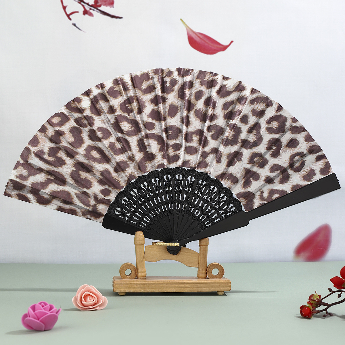 TEMU Elegant Leopard Print Folding Fan Black Frame - Theme, Lightweight And Portable Women, Portable Fan|princess Theme Fan|lightweight Fan