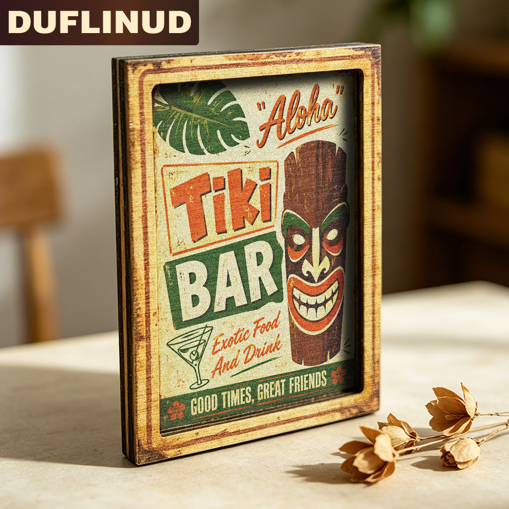 TEMU Vintage-style Bar Fridge Magnet, Mini Decorative Sign With -themed Design Featuring "aloha" Text And Totem Patterns. Wooden Fridge Magnet,