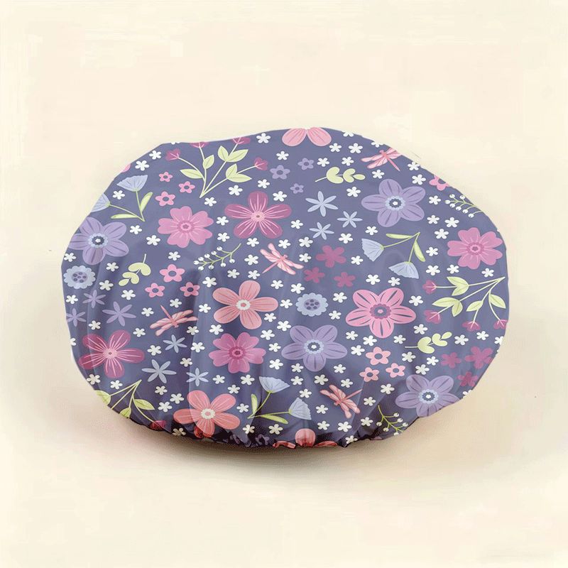 TEMU 1pc Purple Base With Pink And White Floral Print High Quality Shower , Gentle Pastoral Anti-moisture , Reusable High Quality Hair Cover For Home