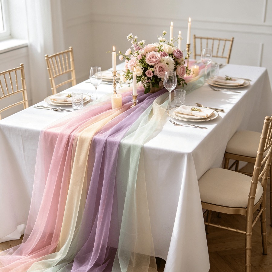 TEMU 1pc Iridescent Chiffon Printed Mesh Table Runner, --party Table Runner, Rectangular Round Table Runner, Wedding Table Runner, Suitable For Lawn
