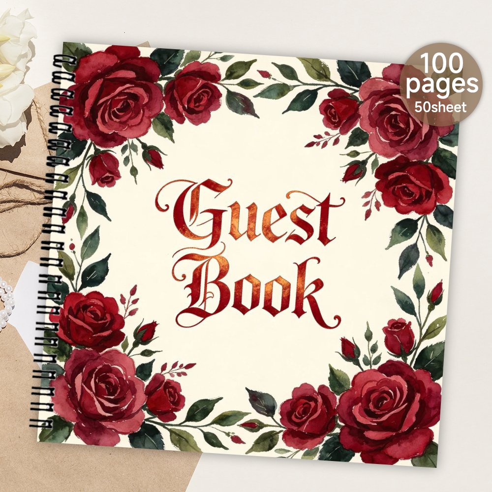 TEMU 1pc Spiral Guestbook, Vintage Watercolor Red Rose Floral Blank Page Guest Book, Meaningful Gift & Souvenir Album For Family & , Message & Book