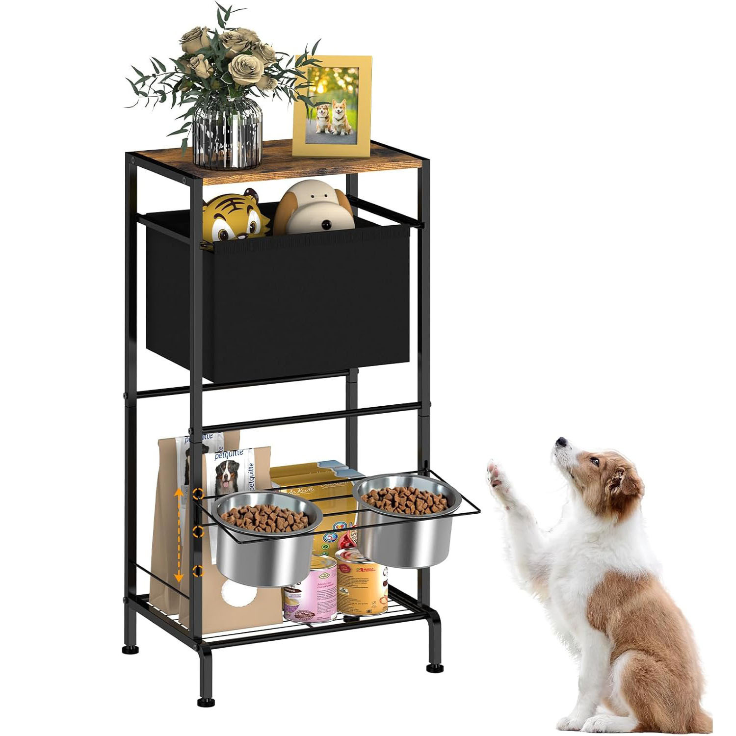 

1pc Elevated Pet Feeding Station With 2 Stainless Steel Bowls, Adjustable 3-level Metal Dog Feeder With Toy Storage Basket, Small To Large , No Battery Needed