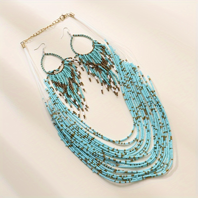 3pcs Ethnic Style Multi Layer Rice Bead Necklace Tassel Earring Set Spring/ Bohemian Accessories Women's Jewelry Set Party Concert Fashion Style Matching For Women